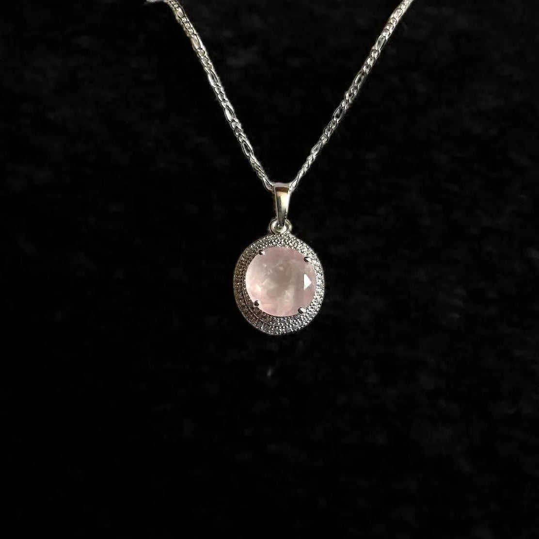 Rose Quartz Pendant Necklace in Sterling Silver – Round Cut with Vintage Halo Design