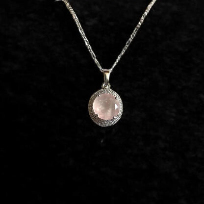 Rose Quartz Pendant Necklace in Sterling Silver – Round Cut with Vintage Halo Design