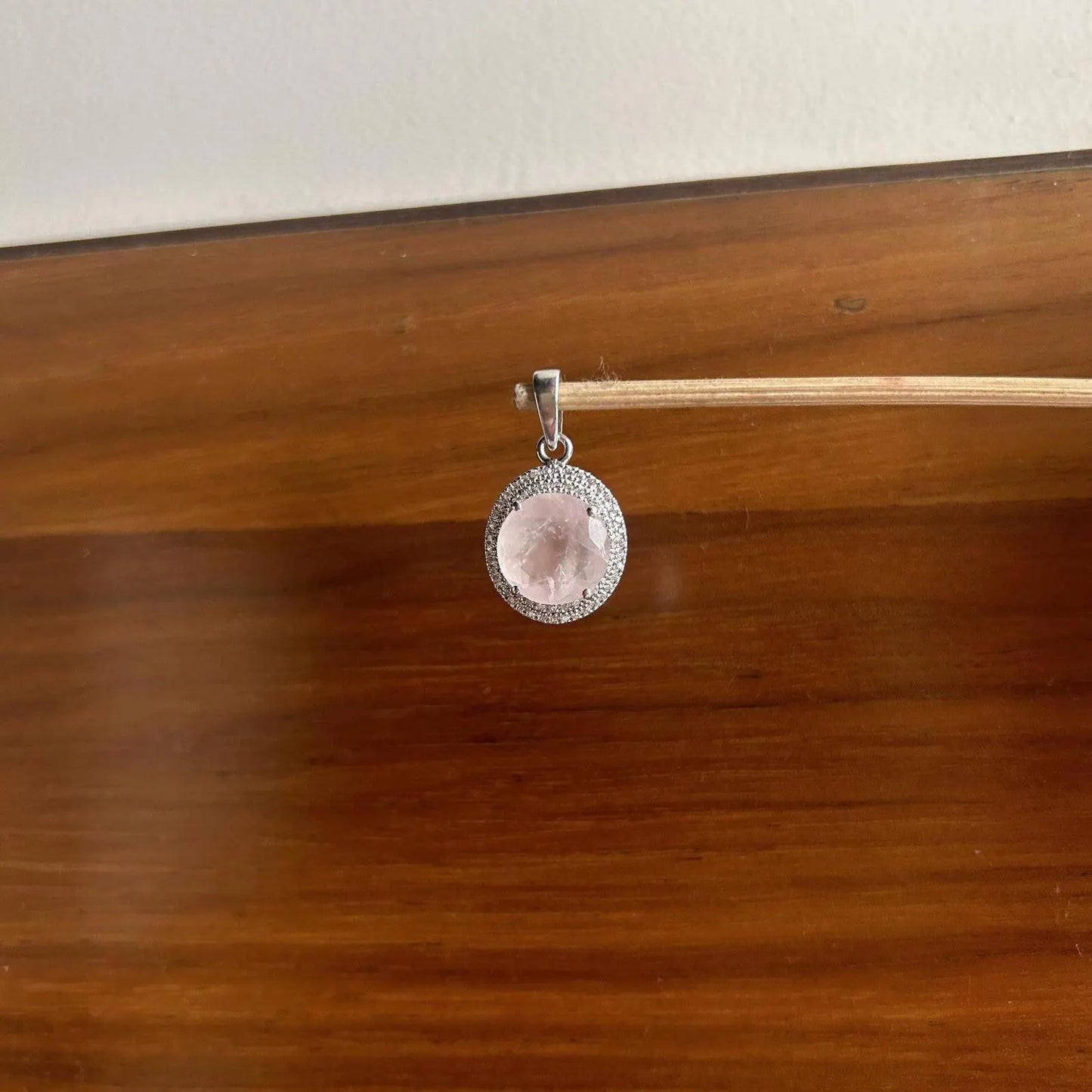 Rose Quartz Pendant Necklace in Sterling Silver – Round Cut with Vintage Halo Design