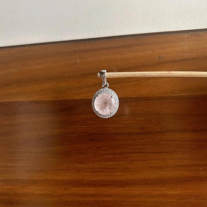 Rose Quartz Pendant Necklace in Sterling Silver – Round Cut with Vintage Halo Design