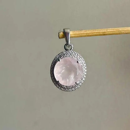 Rose Quartz Pendant Necklace in Sterling Silver – Round Cut with Vintage Halo Design